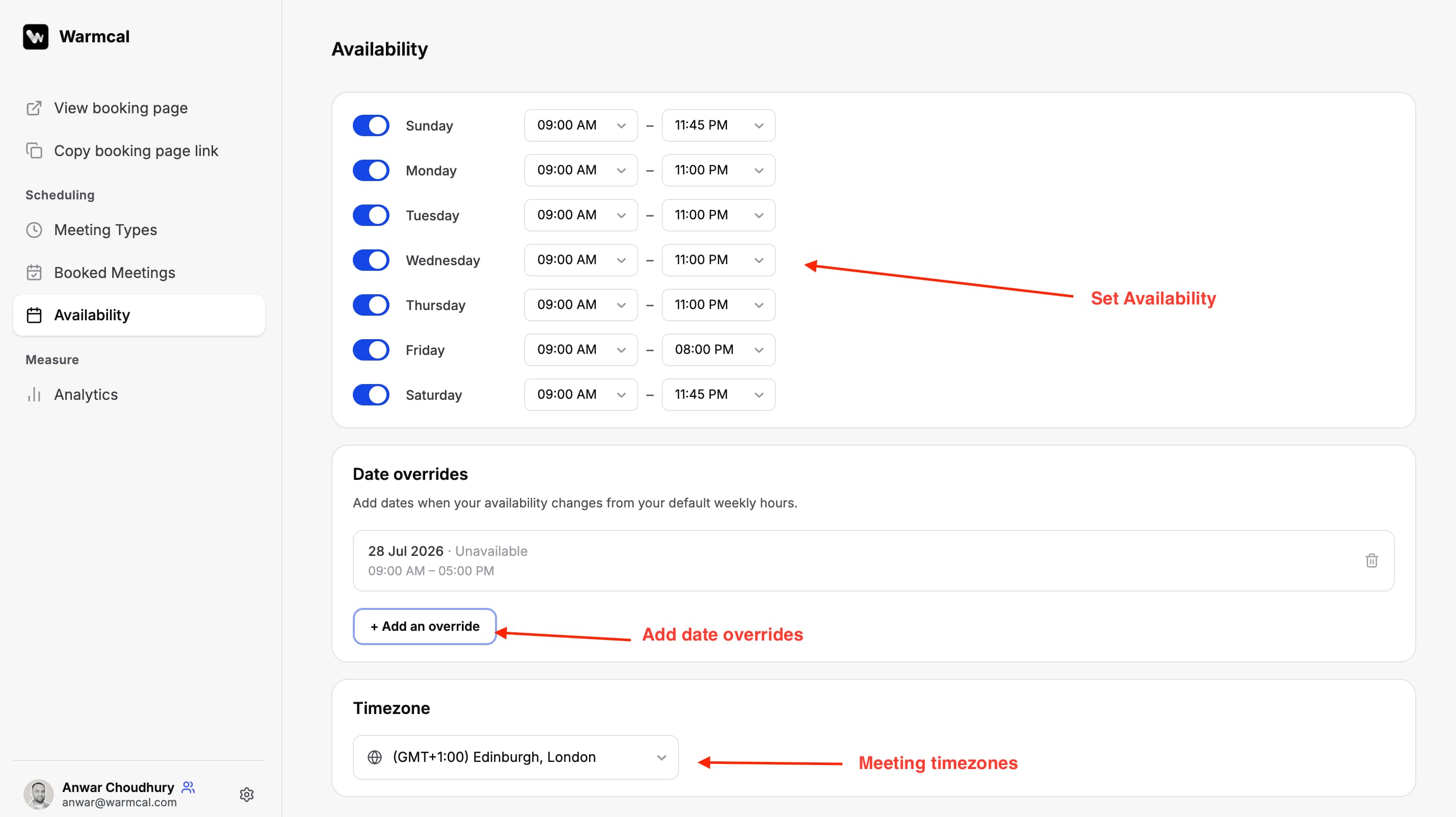Warmcal availability settings page showing scheduling hours and available meeting times