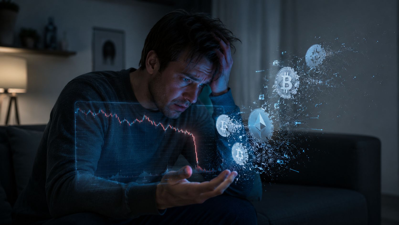 A distressed man looking at a digital hologram showing a sharp stock market crash and cryptocurrency symbols.