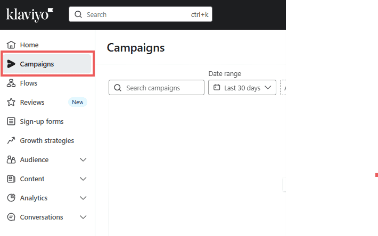 Klaviyo Campaigns.png: Klaviyo's campaign management page, providing search and filter options to review past email and SMS campaigns.