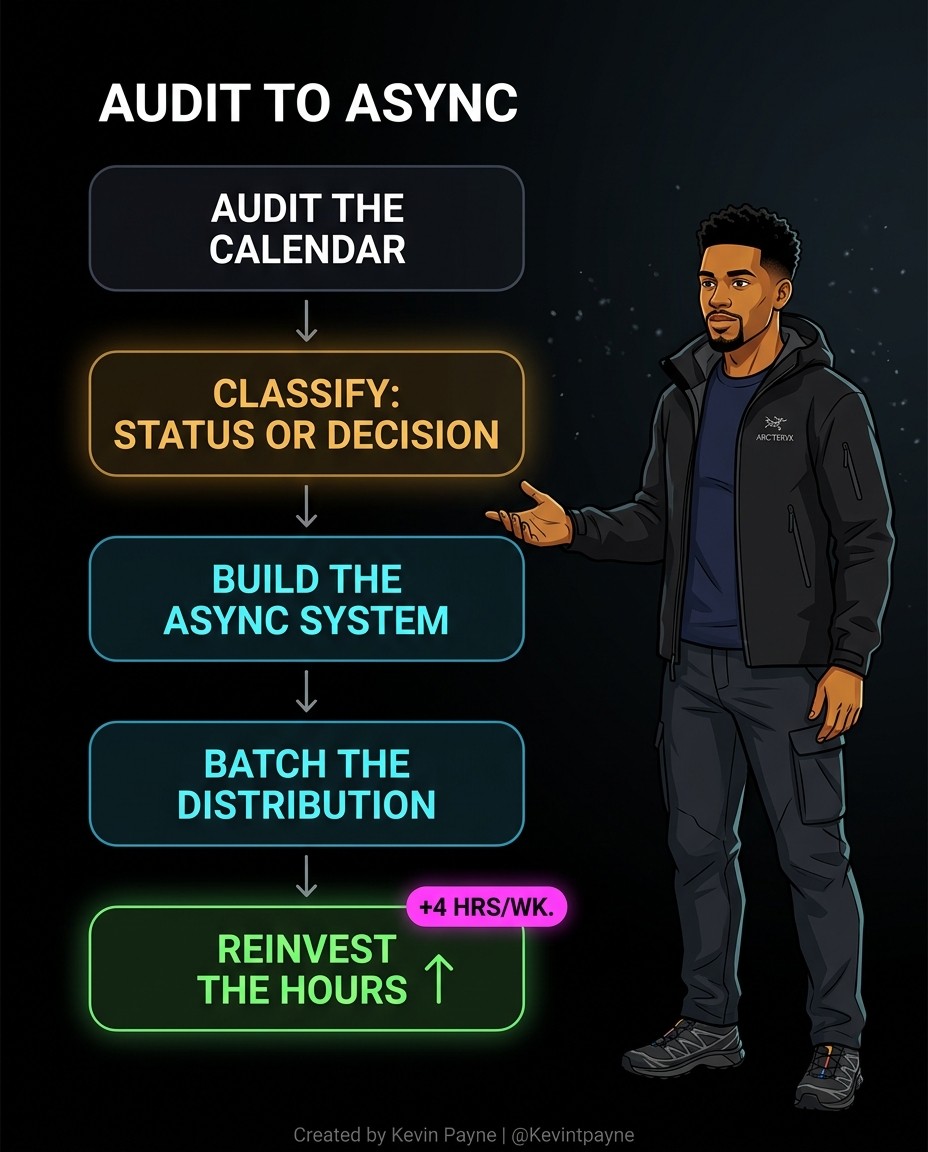 Audit to async: audit the calendar, classify, build the async system, batch distribution, reinvest the hours