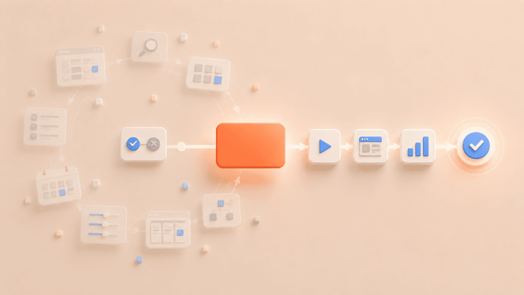 Minimalistische 3D-Illustration mit einer korallfarbenen Fokuskarte im Zentrum zwischen zwei Arbeitsmodi. Links kreisen transparente Planungs- und Rechercheelemente wie Kalender, Checklisten, Tool-Panels und Diagrammkarten in einer weichen Schleife und symbolisieren Analyse-Paralyse. Rechts führt ein klarer, strukturierter Umsetzungspfad mit wenigen geordneten Schritten zu einem dezenten Zielsymbol und stellt den Übergang von Planung zu konkreter Ausführung dar.