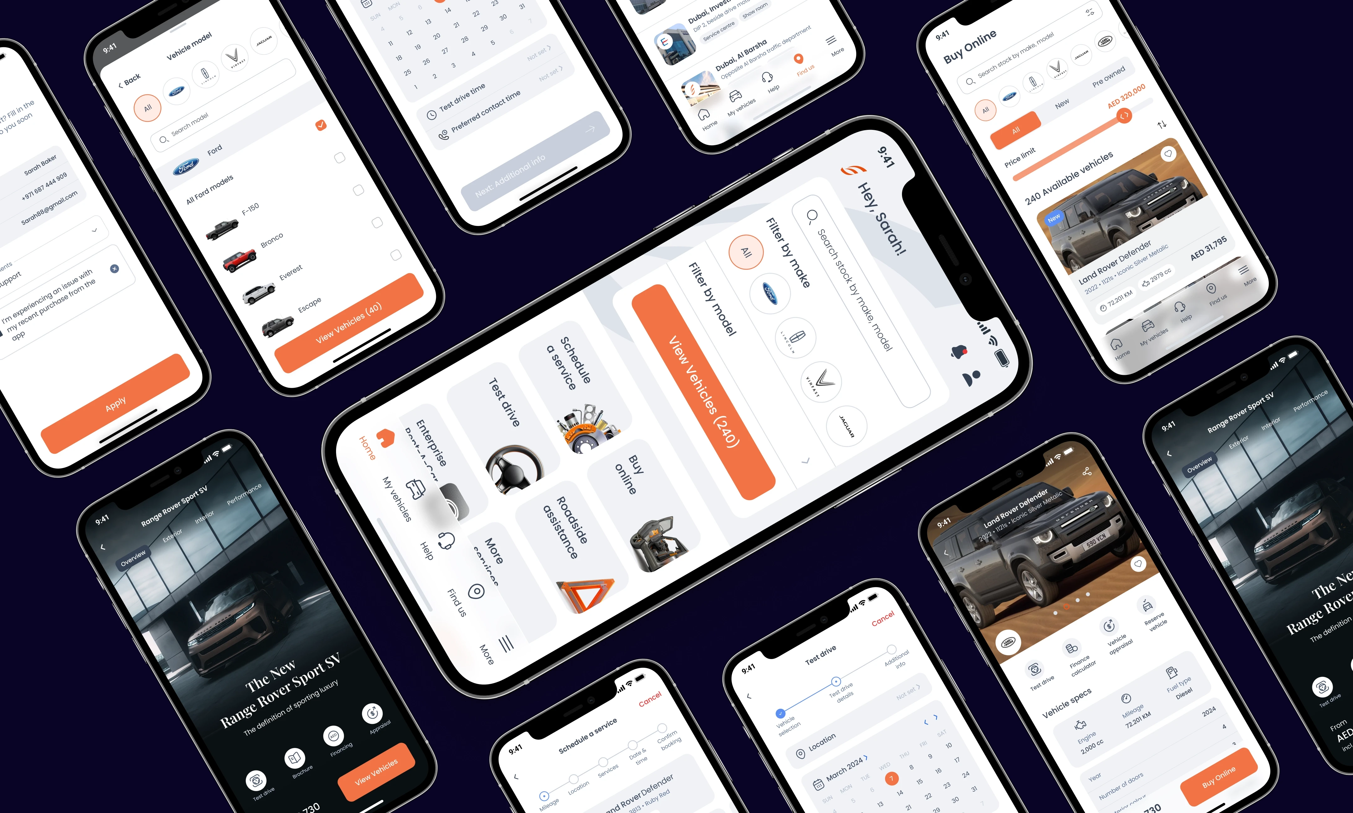 Al Tayer Motors mobile app interface showcasing car listings, vehicle subscriptions, and booking features