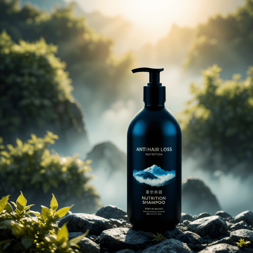 product photography of a bottle of anti-hair loss nutrition shampoo