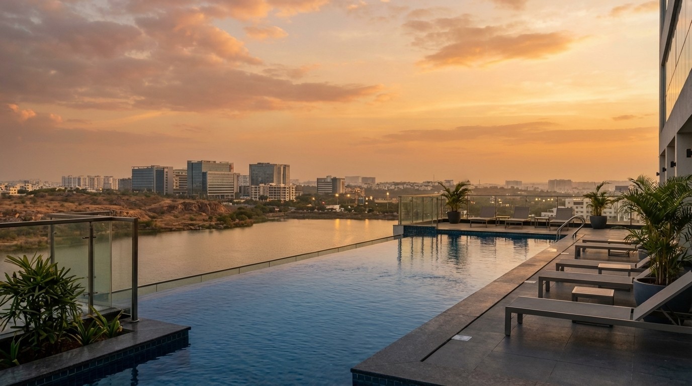 Infinity swimming pool at Prestige Vaishnaoi Rainbow Waters, Gachibowli, with panoramic views of Malkam Cheruvu Lake at golden hour