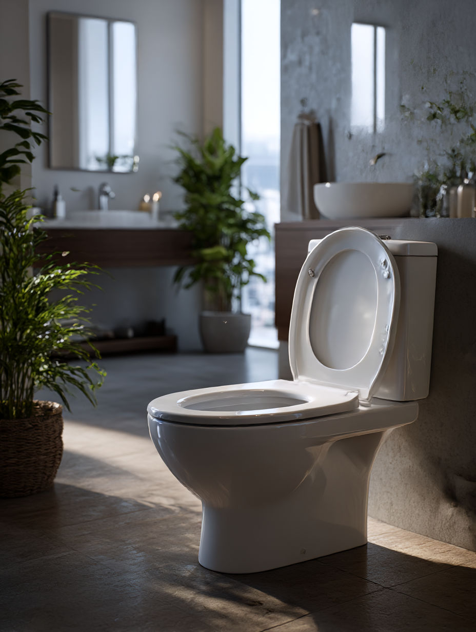 vaso sanitário em um banheiro amplo, organizado e moderno