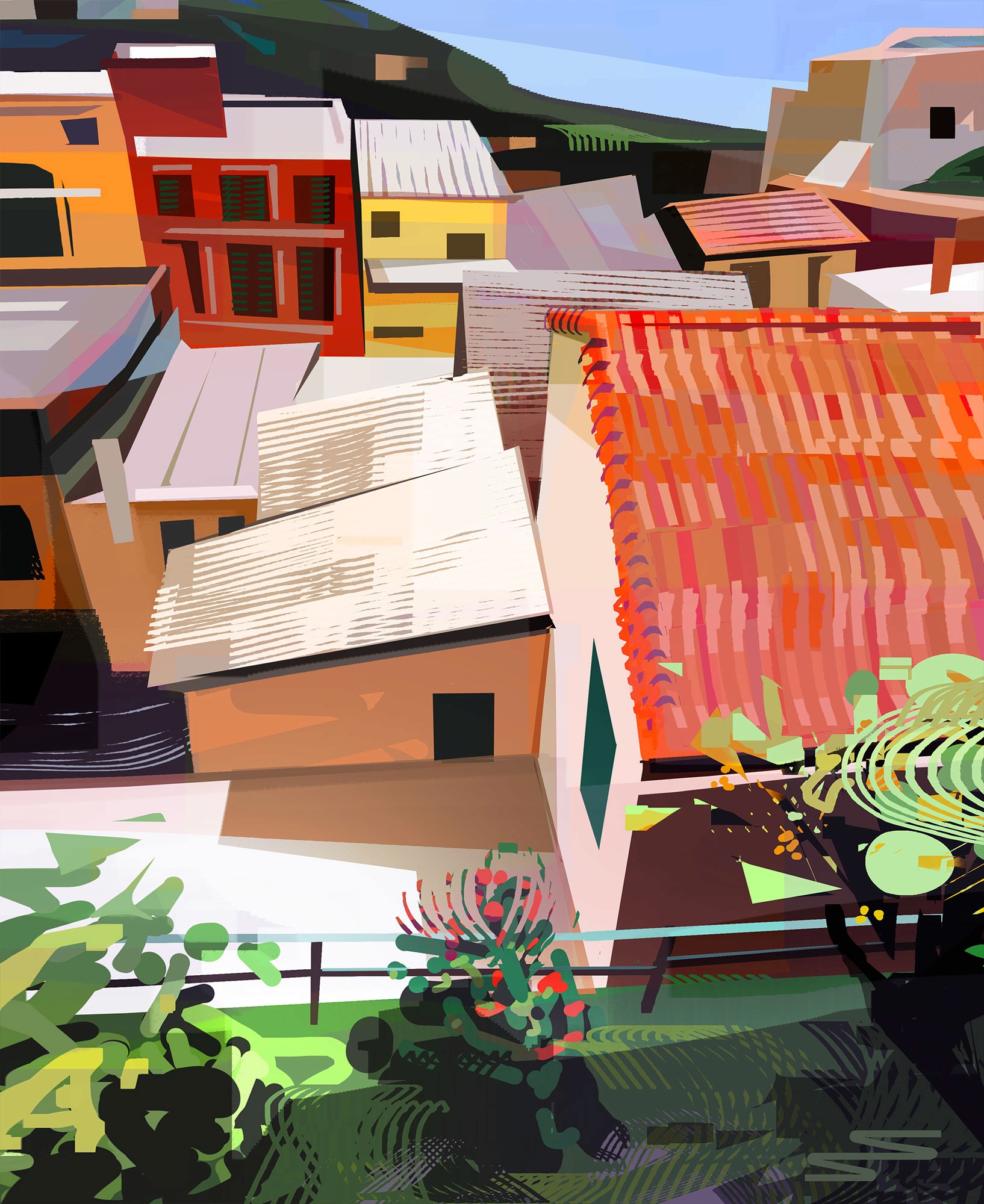 modern and vibrant stye illustration featuring rooftops on the italian coastline