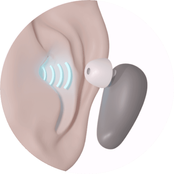 3d render of an earphone vibrating sound into an ear