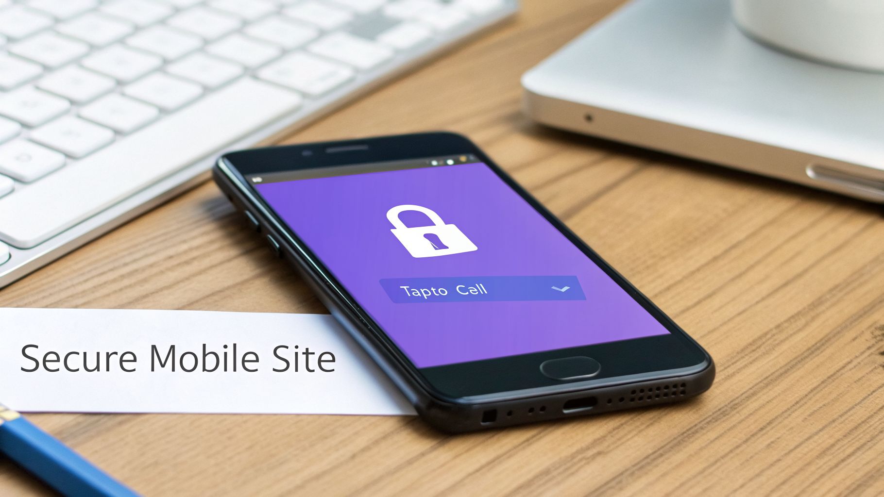 Close-up of a smartphone displaying a security lock and 'Tapto Call' on a wooden desk, symbolizing a secure mobile site.