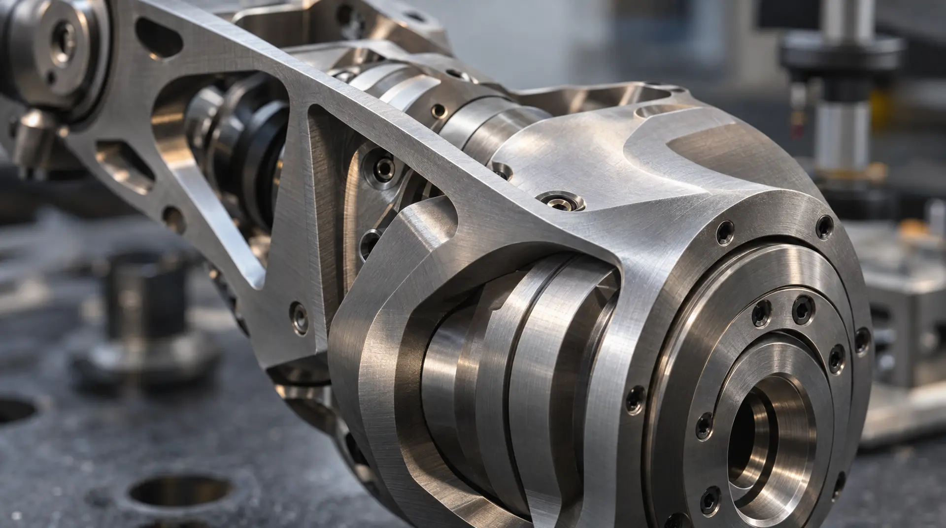 CNC-machined metal rotor component with machined channels and bolt holes in a workshop, framed for manufacturing video marketing.