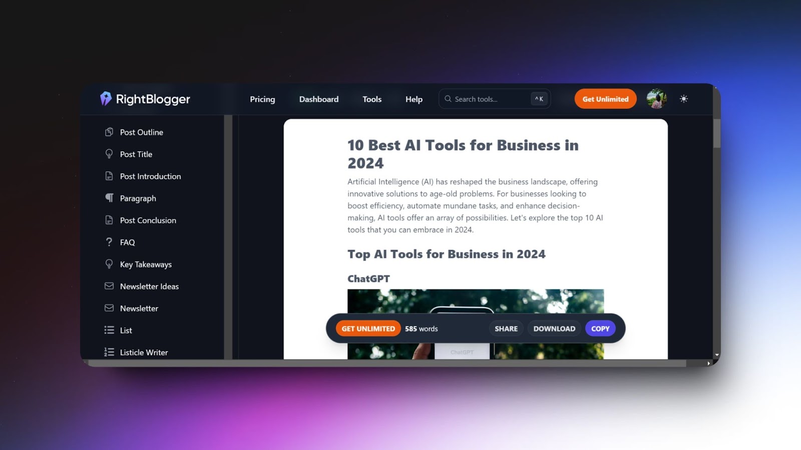 Snapshot of RightBlogger's AI article writer to generate an article of over of 500 words showcasing tools to the right tailored for bloggers.