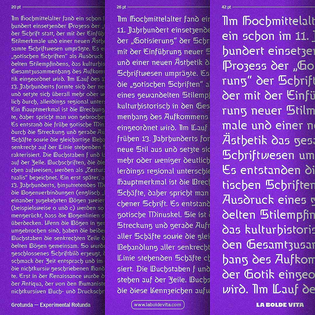 showing off the visual pattern of Grotunda by placing three different sized sample texts beneath each other