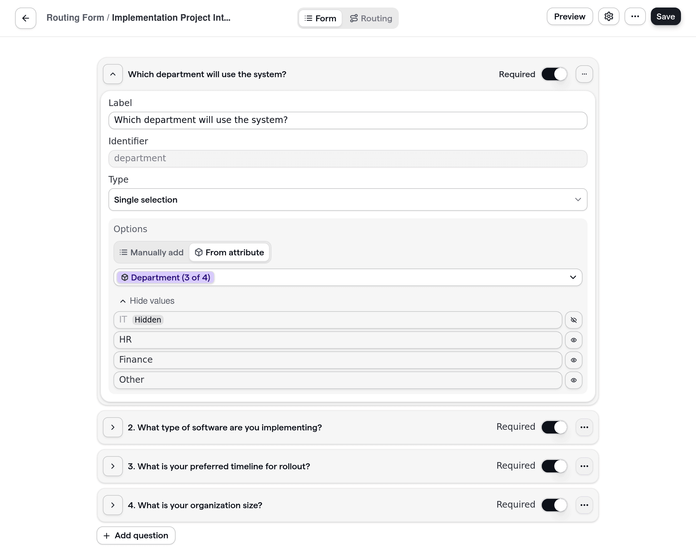 Software implementation routing form showing project intake questions, tailored for software implementation teams.