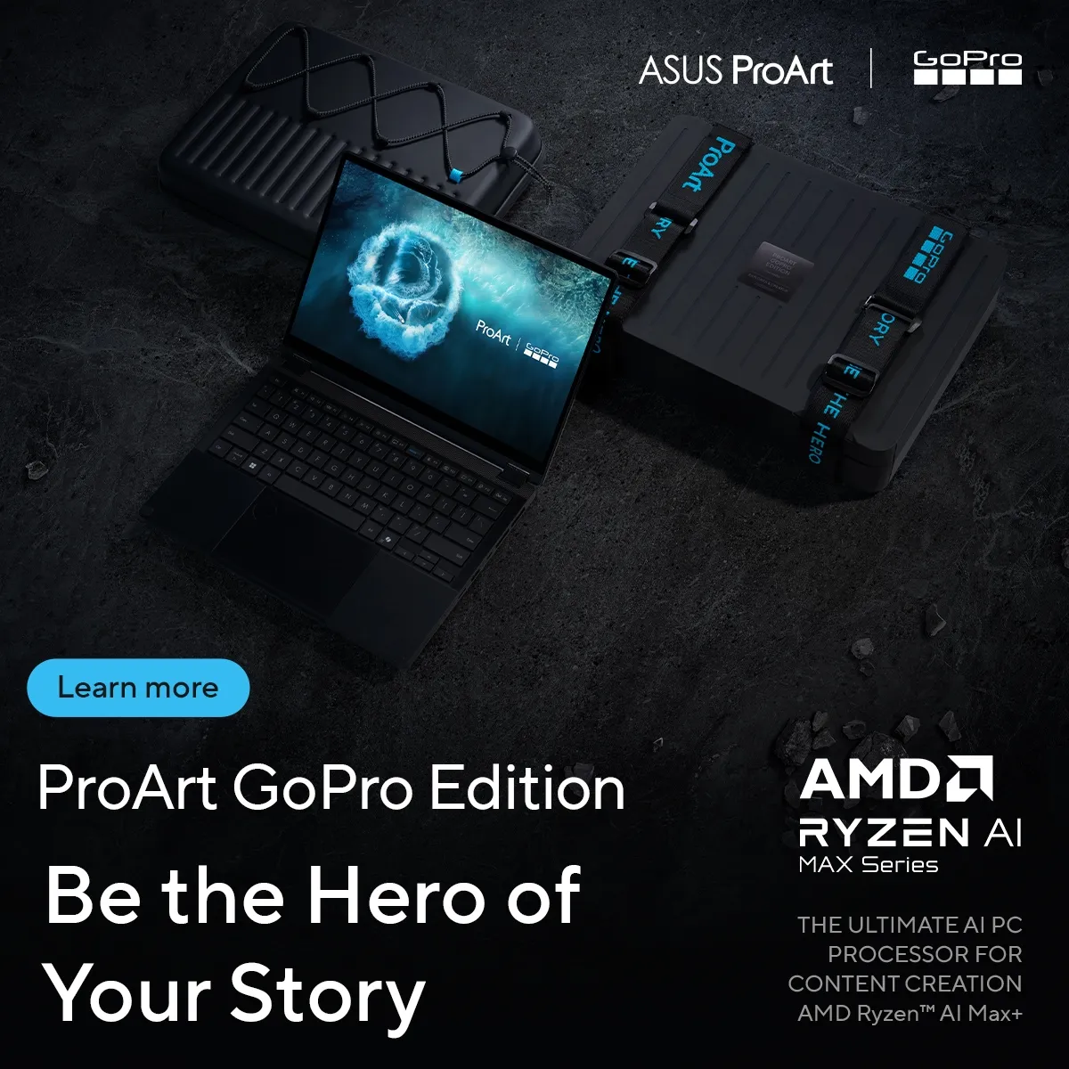 A high-tech promotional image showcasing the ASUS ProArt GoPro Edition PX13 laptop with GoPro branding, featuring advanced AMD Ryzen AI Max processing power, surrounded by sleek and modern design elements.