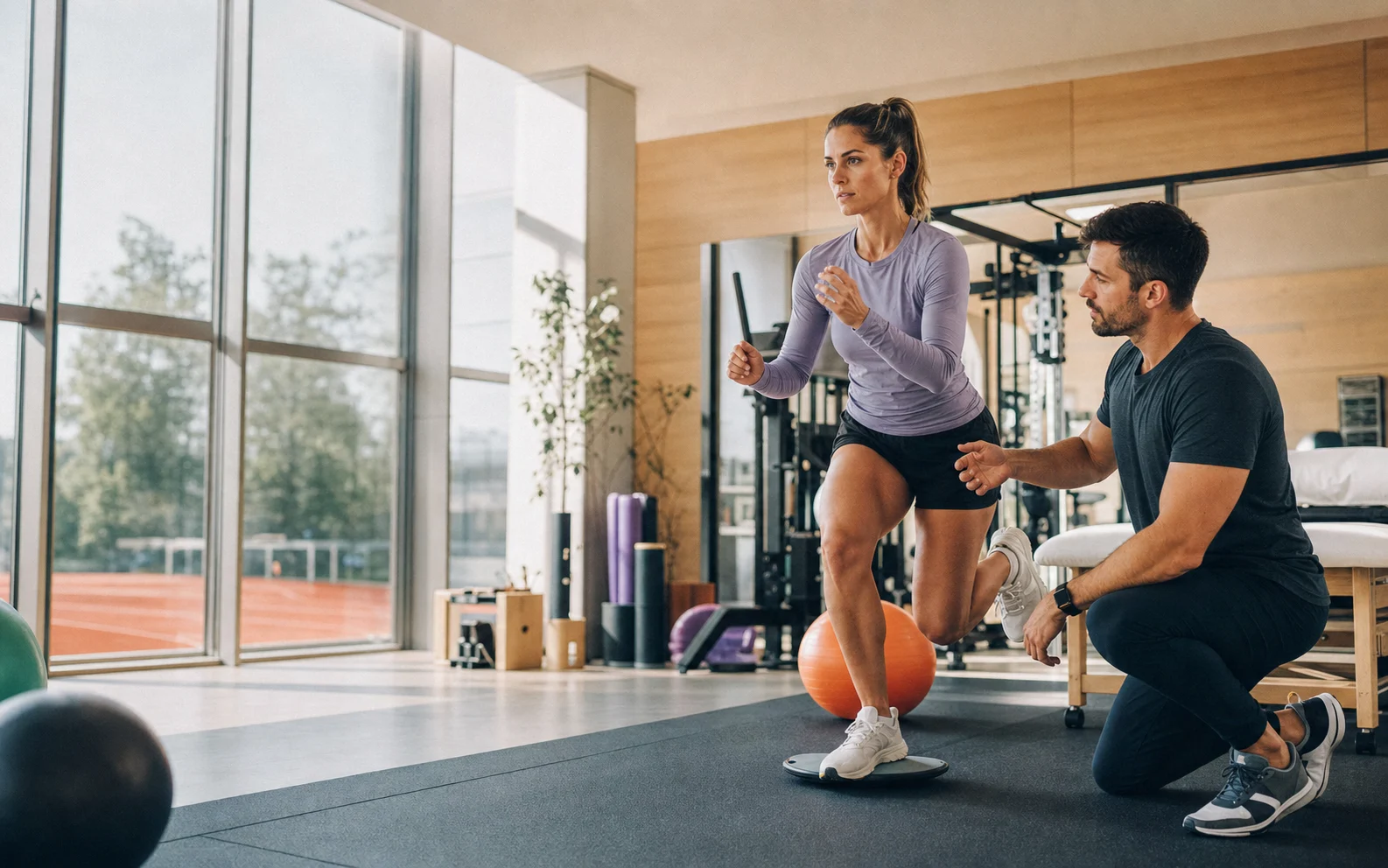 Athletin beim funktionellen Bewegungstest mit einem Trainer.