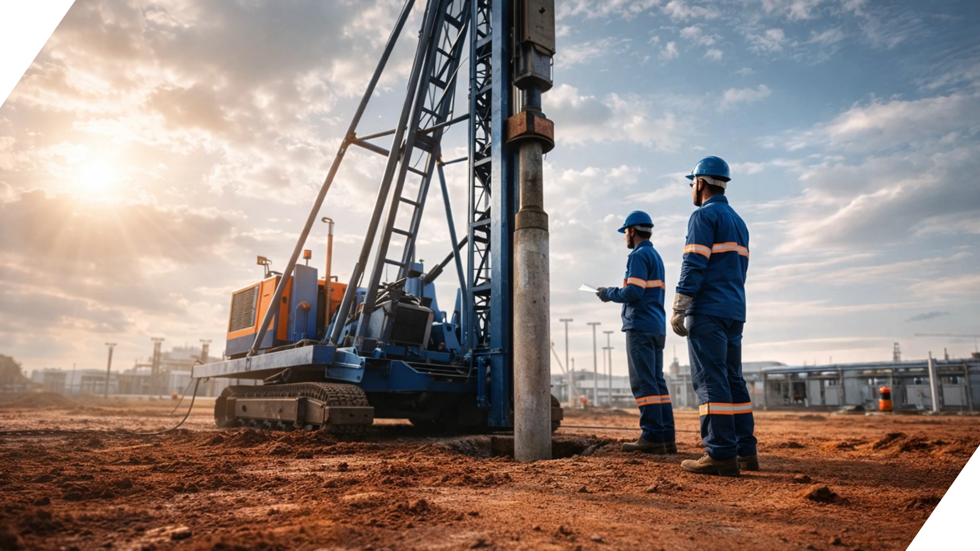 Obra de fundações profundas com perfuração de estacas em grande empreendimento, destacando controle técnico e execução em larga escala.