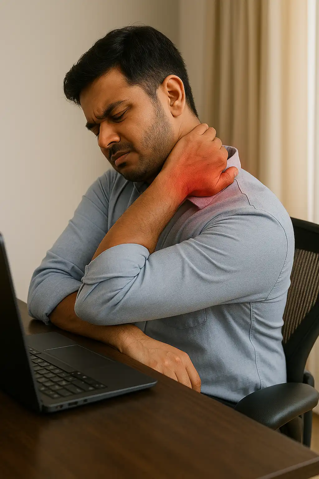A man sitting at a desk holding his neck in pain, with visible redness indicating work-related muscle strain or fatigue from prolonged computer use.