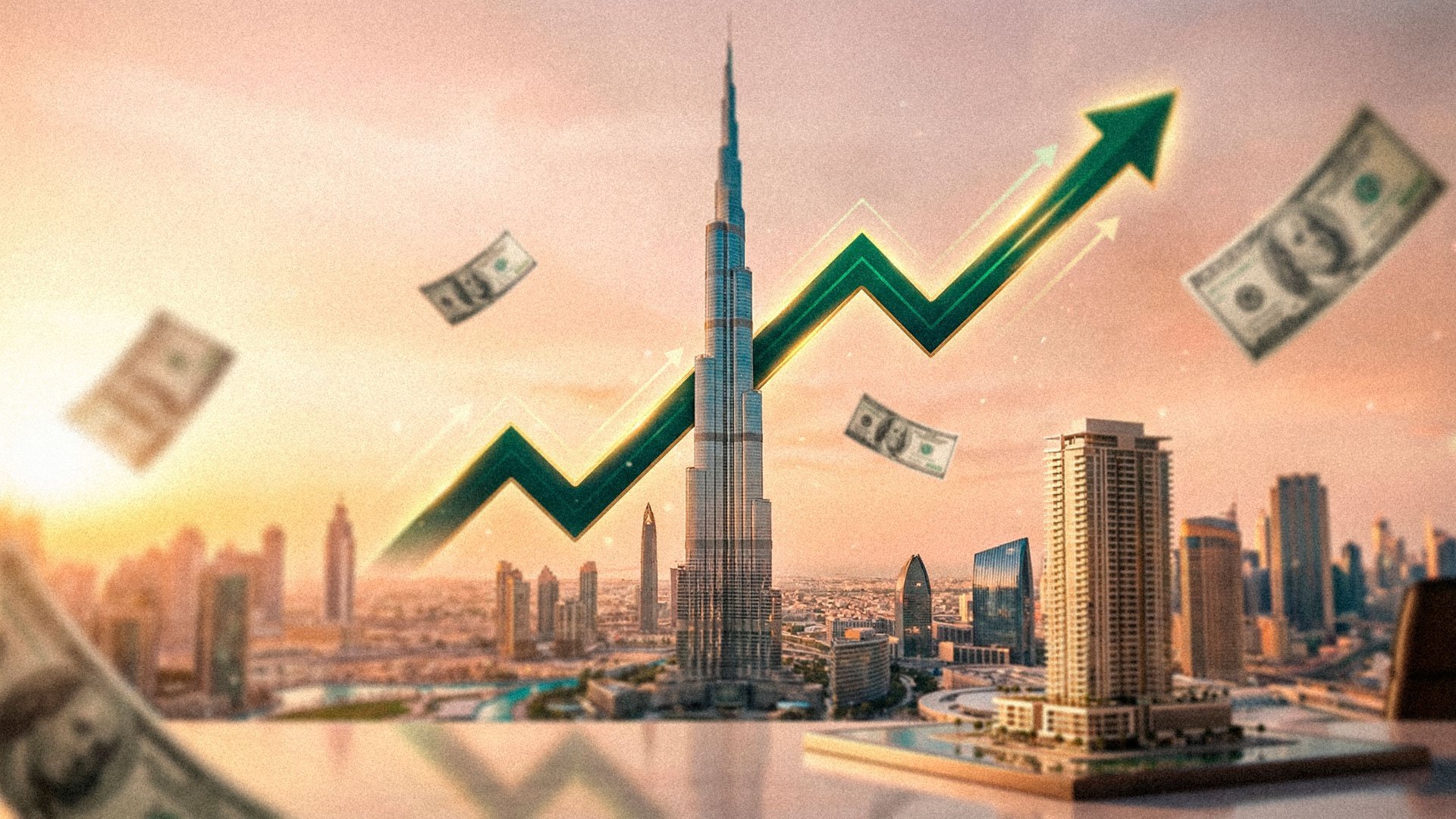 Crecimiento de inversión inmobiliaria en Dubái representado con el Burj Khalifa, dinero y una gráfica ascendente de rentabilidad.