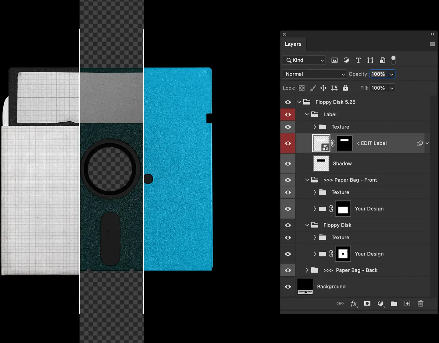 Vintage Floppy Disk 5.25 inch Mockup demonstration of the Photoshop layers panel and smart object editing features