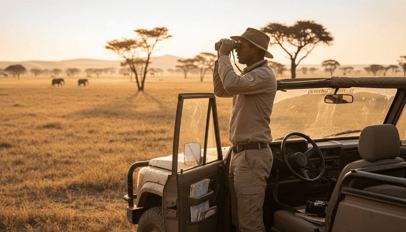 Safari guide using binoculars in savanna