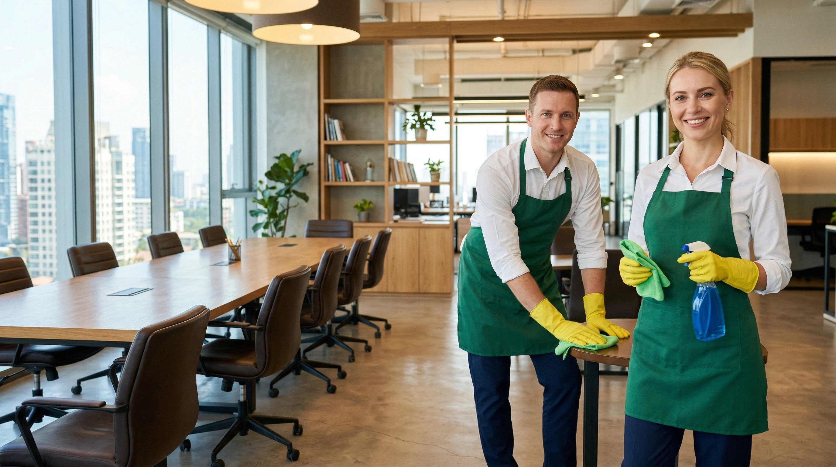 Two cleaners in green aprons working in a modern office space.
