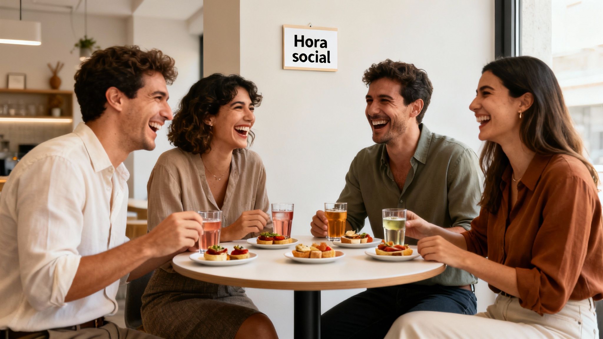 Cuatro amigos ríen y disfrutan de bebidas y aperitivos en un ambiente relajado durante la 'Hora Social'.