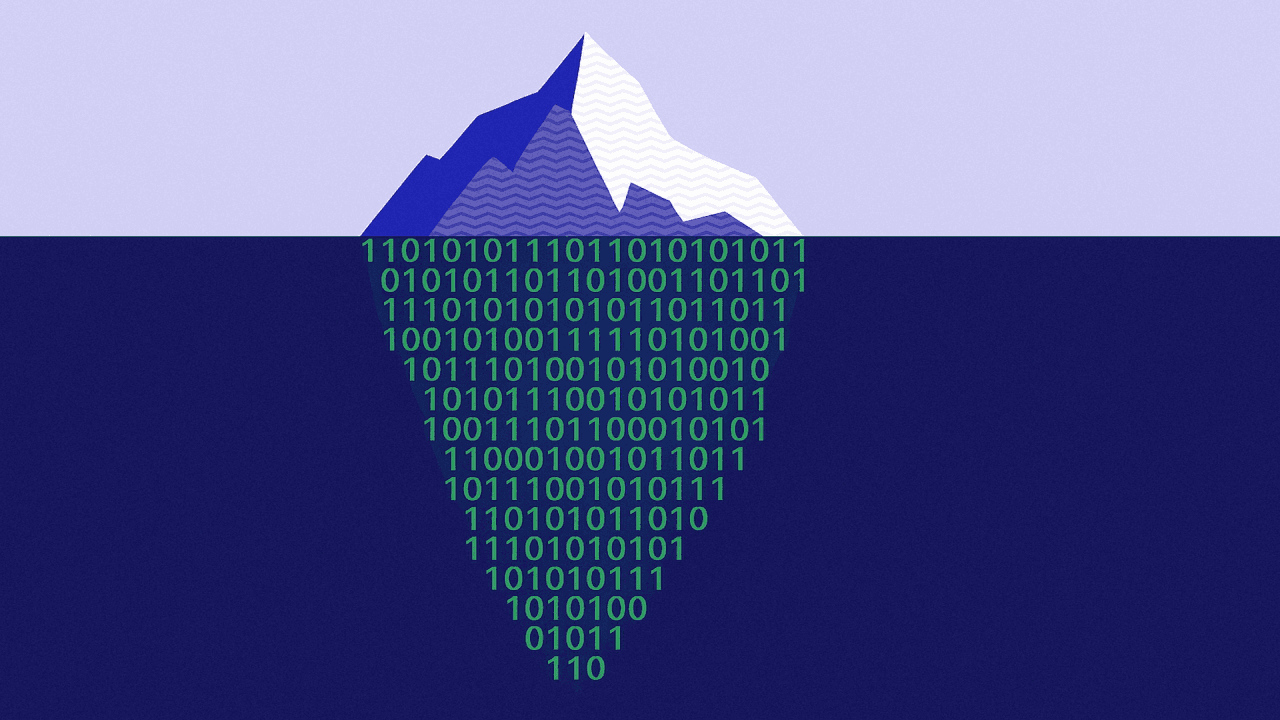 An iceberg above and below water, with the submerged part made of binary code, symbolizing hidden data or unseen complexity.