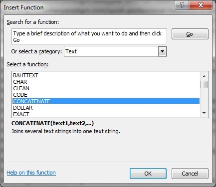 Concatenate function in Excel