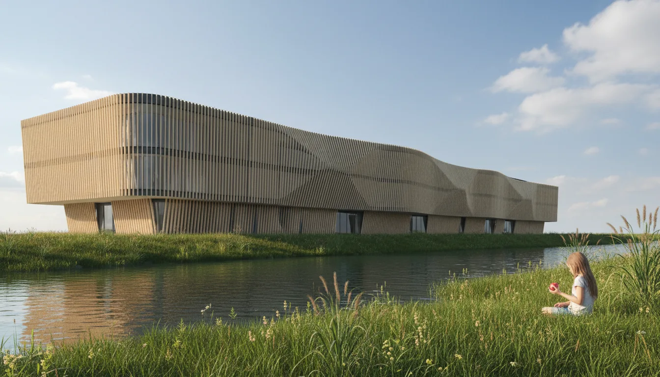 3D Render of a photorealistic architectural visualization, Enscape style. A wide-angle view of a modern building featuring a dynamic, curved facade with vertical light-wood slats and dark-framed glass panels, set beside a tranquil river. The riverbank is lush with tall green reeds and grass. In the right foreground, a young girl with long hair sits on the grassy bank, holding a red apple. The scene is illuminated by bright, natural daylight under a blue sky with soft, puffy clouds, creating soft global illumination.