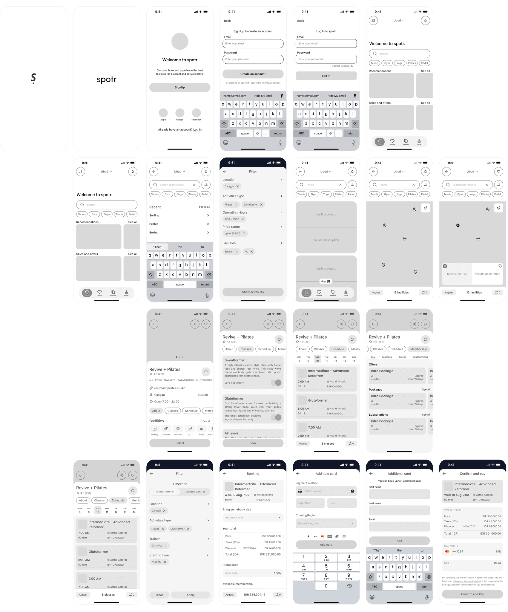 High-fidelity wireframes of the sports facility booking experience