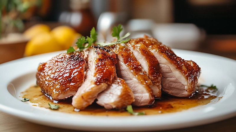 Pieczone mięso z sosem z dodatkiem Musztardy Jałowcowej Konik