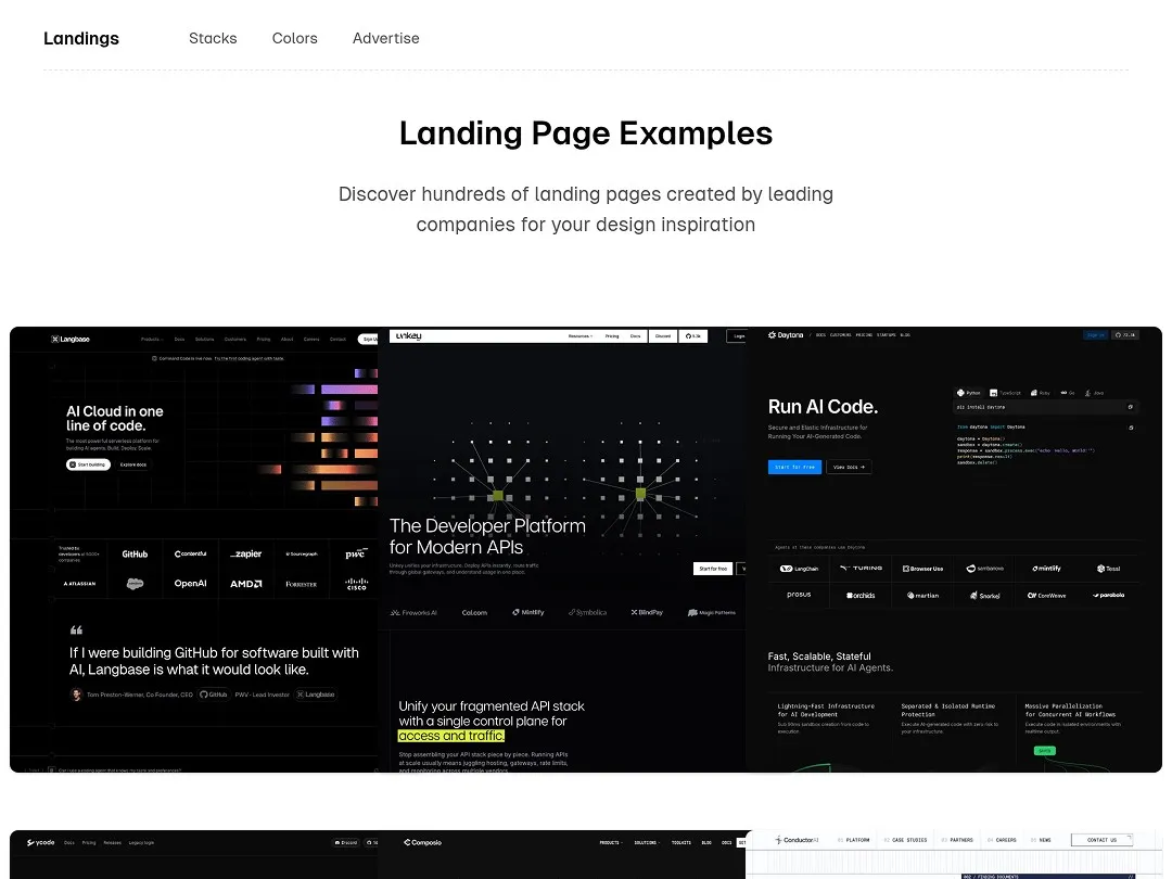 Grid of modern website landing page previews for design inspiration.