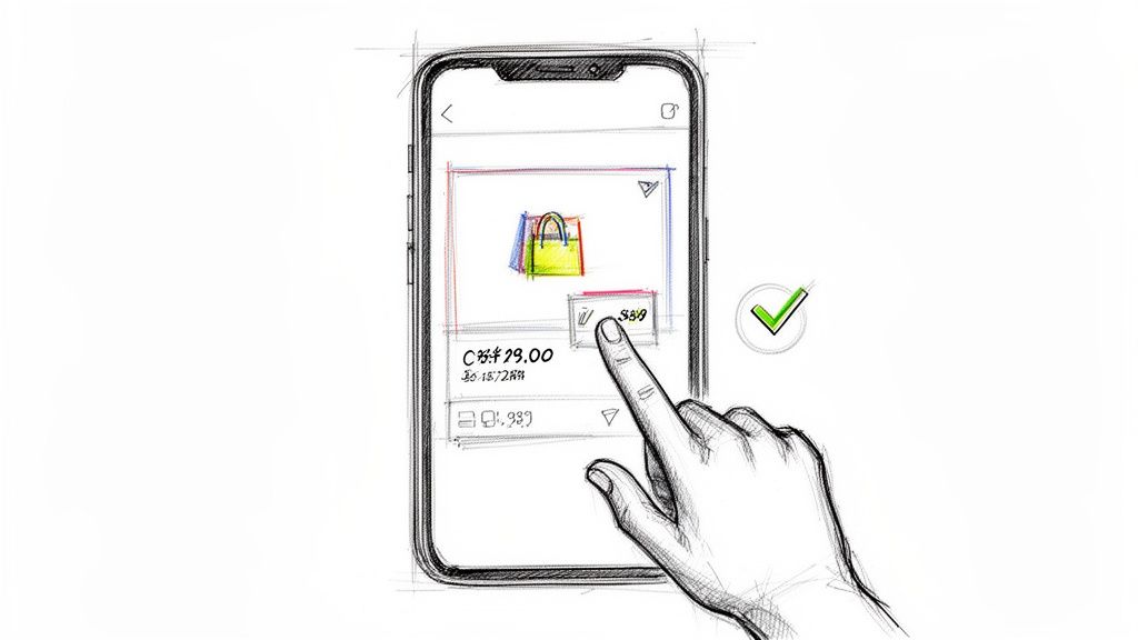 Hand interacting with a mobile app sketch displaying a shopping product, price, and a green checkmark.