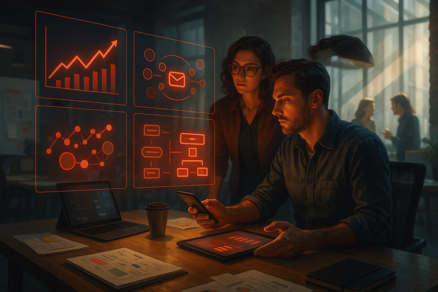 Team at desk analyzing digital charts, representing RockN' Socials Digital Marketing.