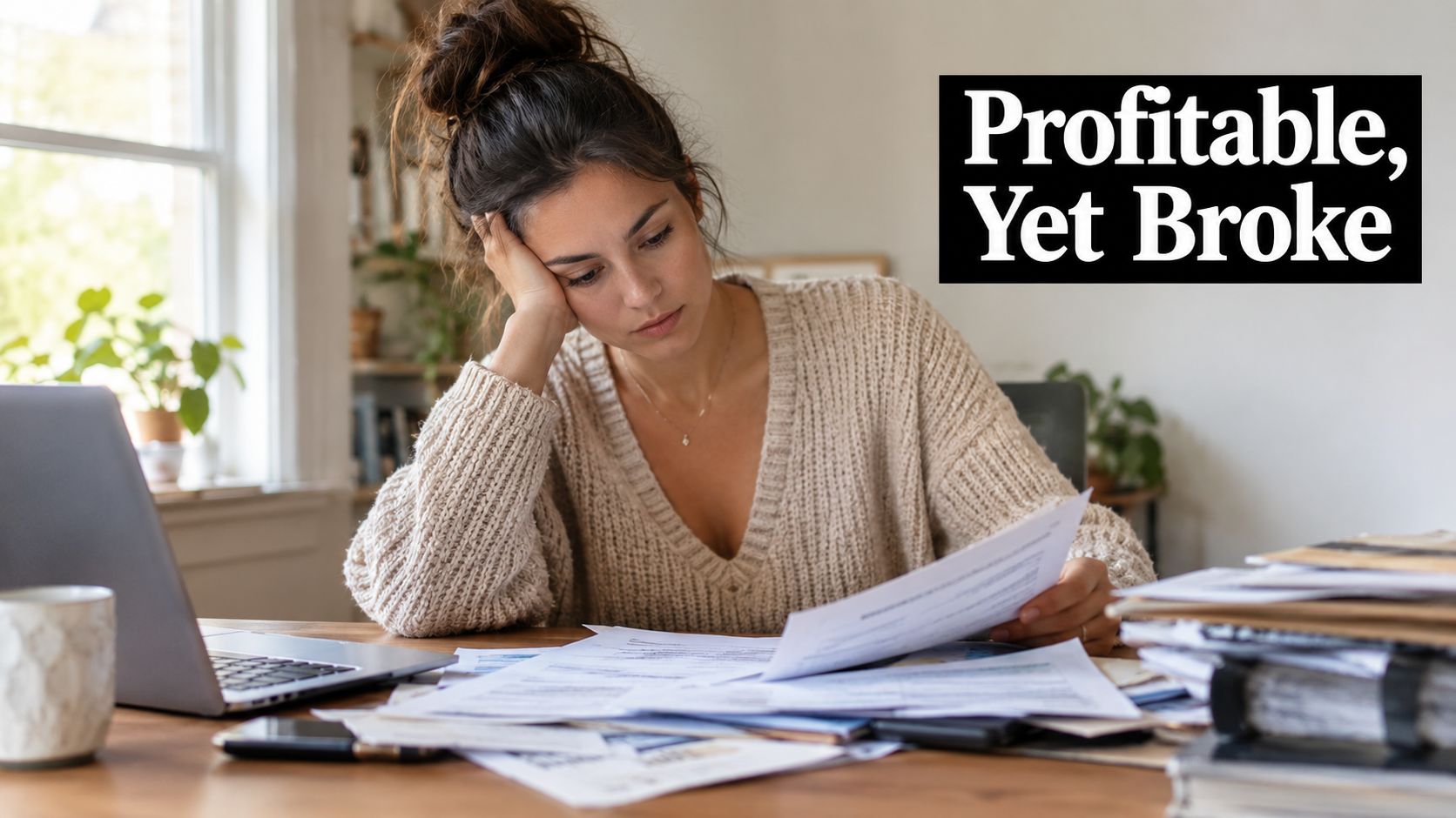 A woman looks stressed while reviewing financial documents at a desk with a laptop and paperwork.