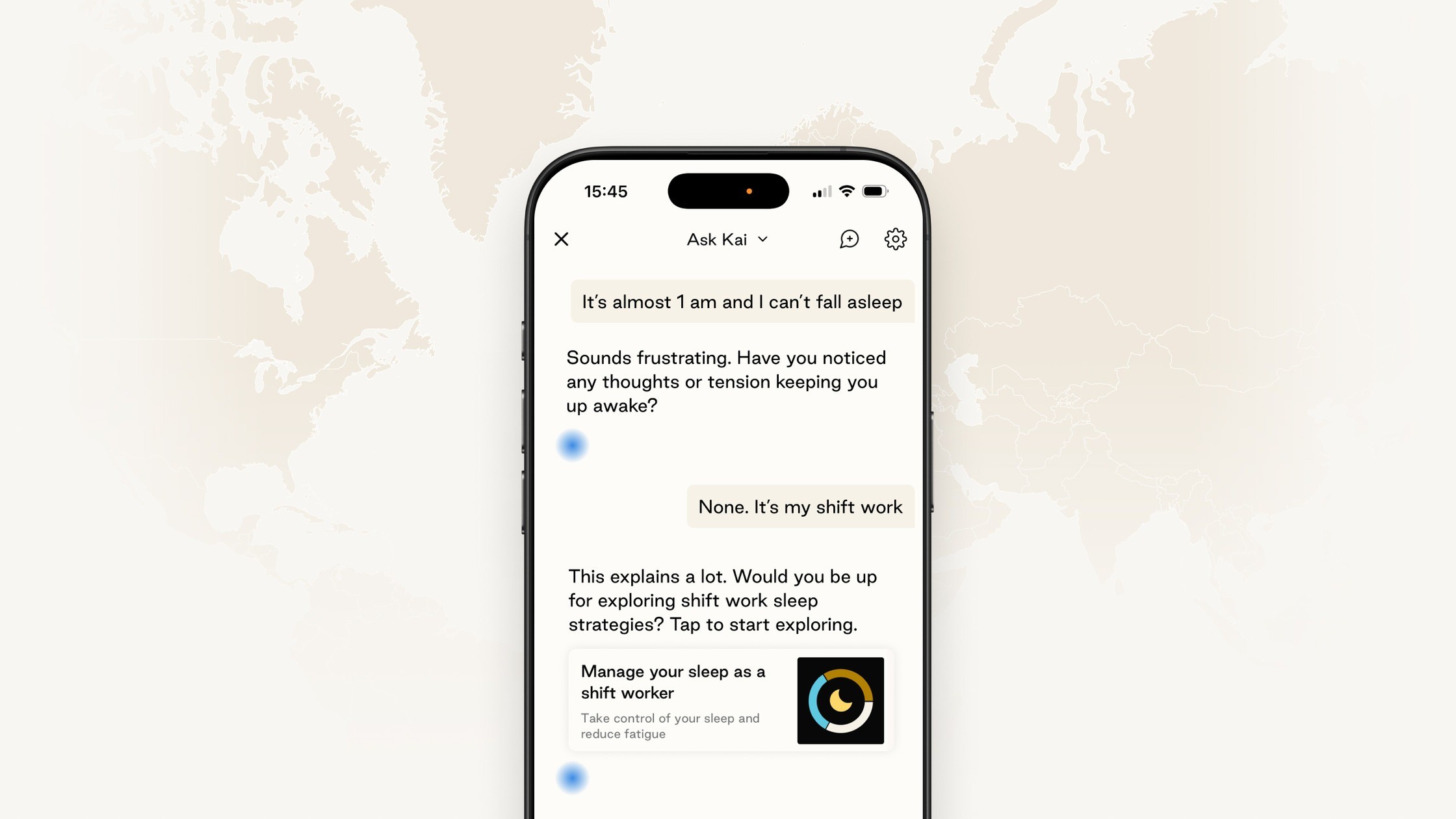 Smartphone chat screen with Ask Kai about insomnia from shift work, over a pale world map background.