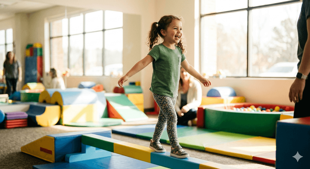 A beautiful, heartwarming, and high-quality image of a young child confidently walking across a low, colorful balance beam in a bright therapy gym. The child has a huge, joyful smile and is visibly calling out or speaking to a therapist off-camera. The lighting is warm and natural, symbolizing a breakthrough in both movement and voice.