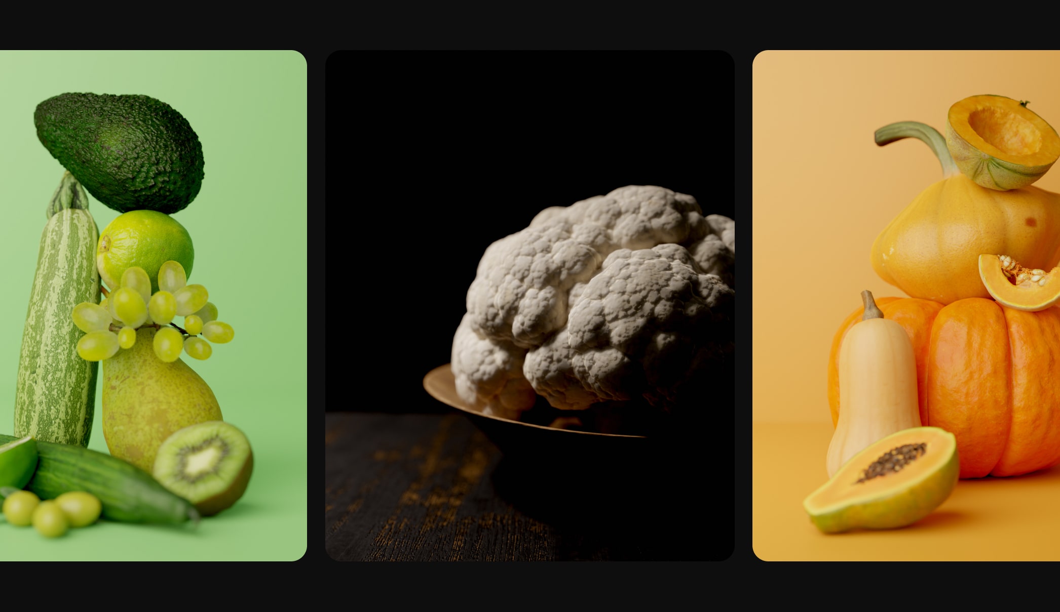 3D product visualization of food items; vegetables, cauliflower, pumpkin.