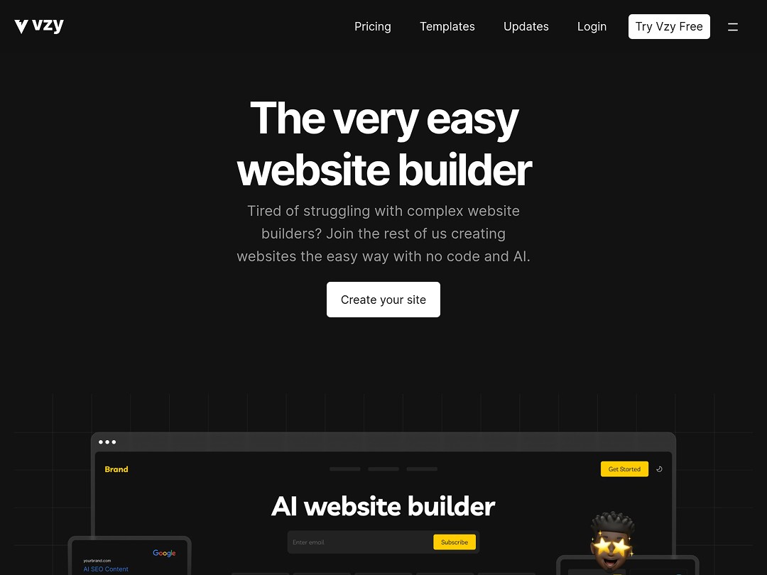 Image of a sleek, dark-themed homepage from a website builder platform, featuring the bold header "The very easy website builder" highlighting ease of use, with options like "Create your site" encouraging users to build websites with no code needed, related to the brand Vzy.