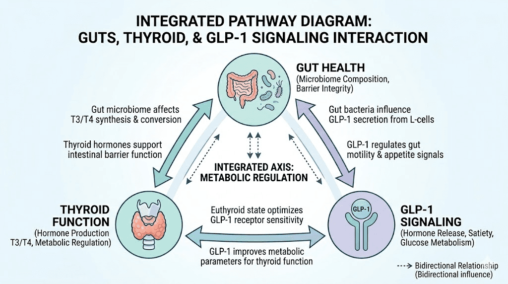 Gut-thyroid-GLP-1 triangle relationship diagram for Hashimoto's patients