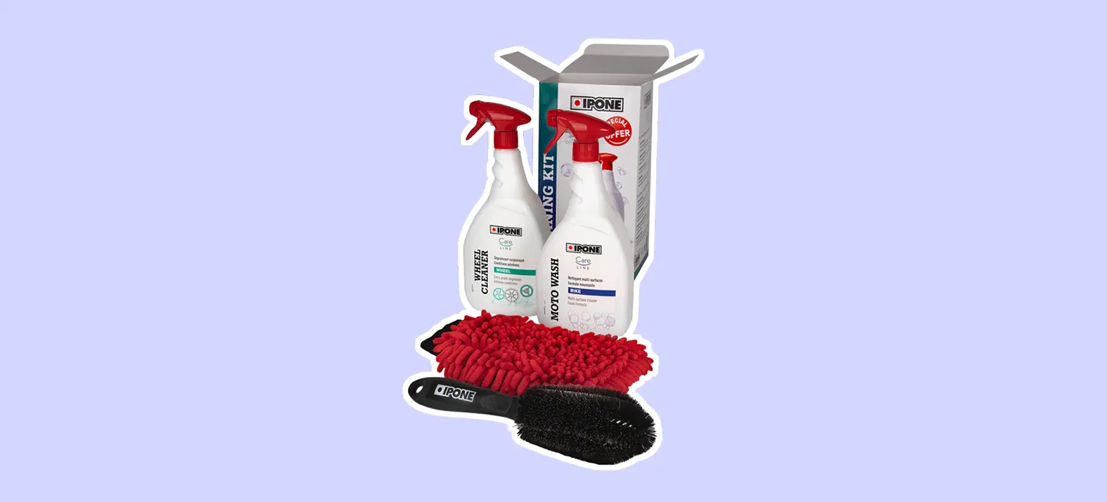 Kit de nettoyage moto Ipone Cleaning Kit incluant produits et accessoires d’entretien.