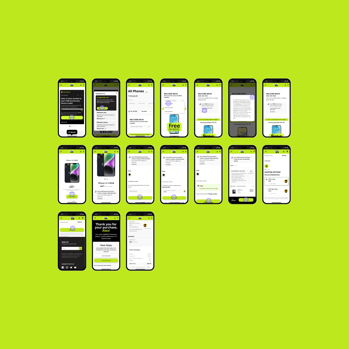 Collage of diagonal home screen wireframes for visual purposes only.