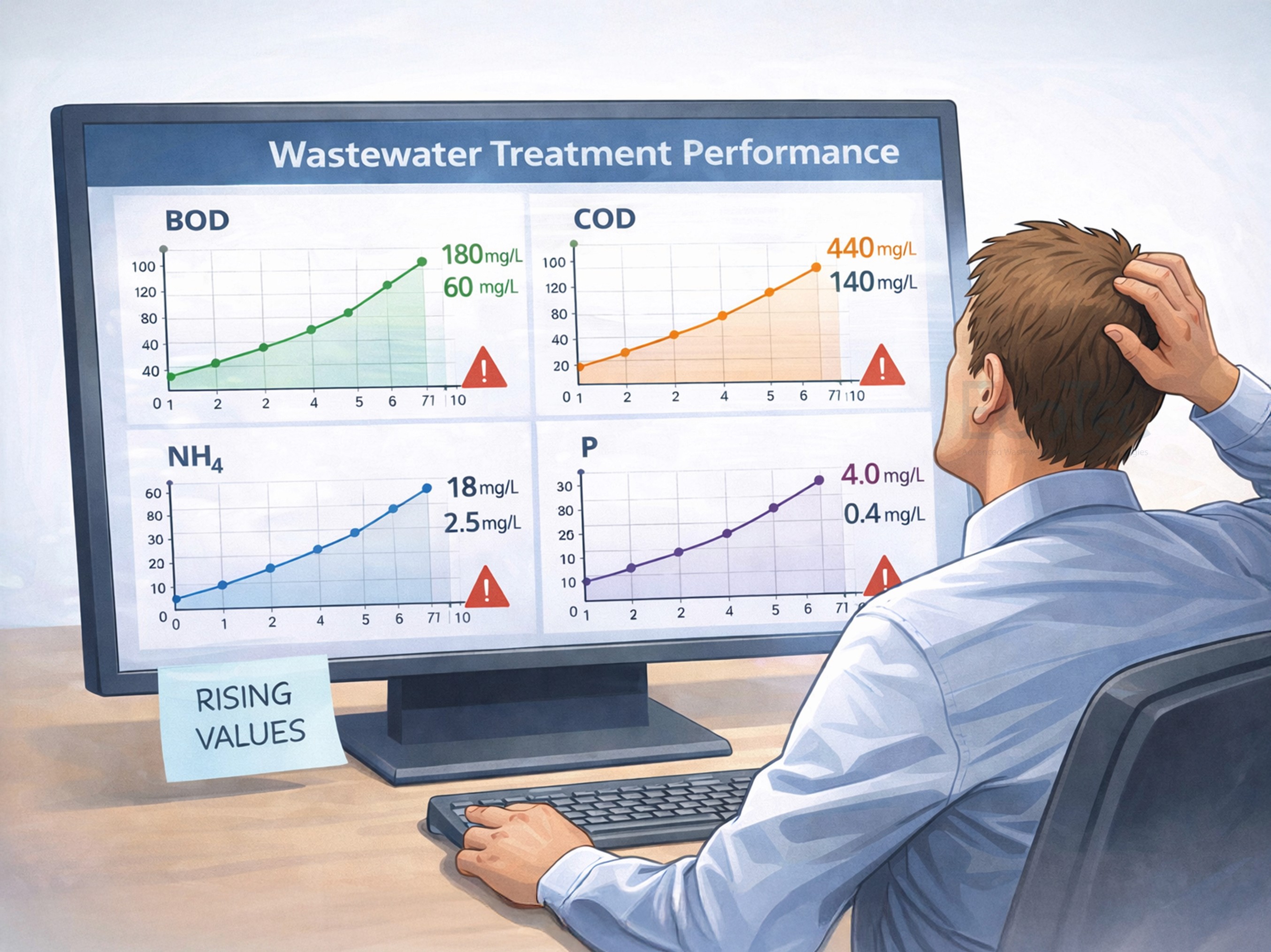 Wastewater treatment performance dashboard showing rising trends in BOD, COD, ammonia (NH4) and phosphorus (P), indicating STP underperformance and compliance risk.