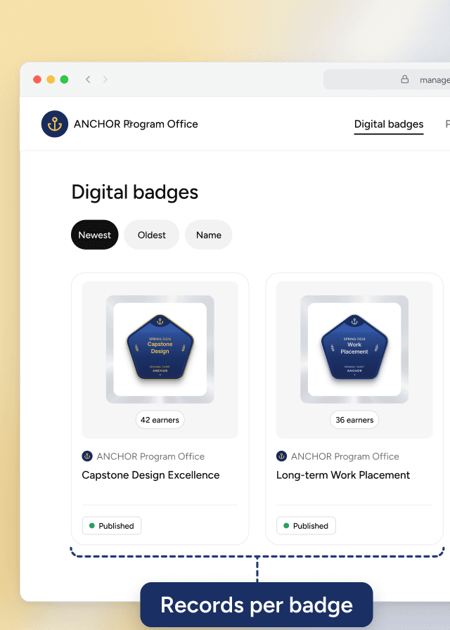 The digital badge list in Certi's admin console, with separate badges for Capstone Design Excellence, Long-term Work Placement, and Entrepreneurship Training, each showing earners and publishing status