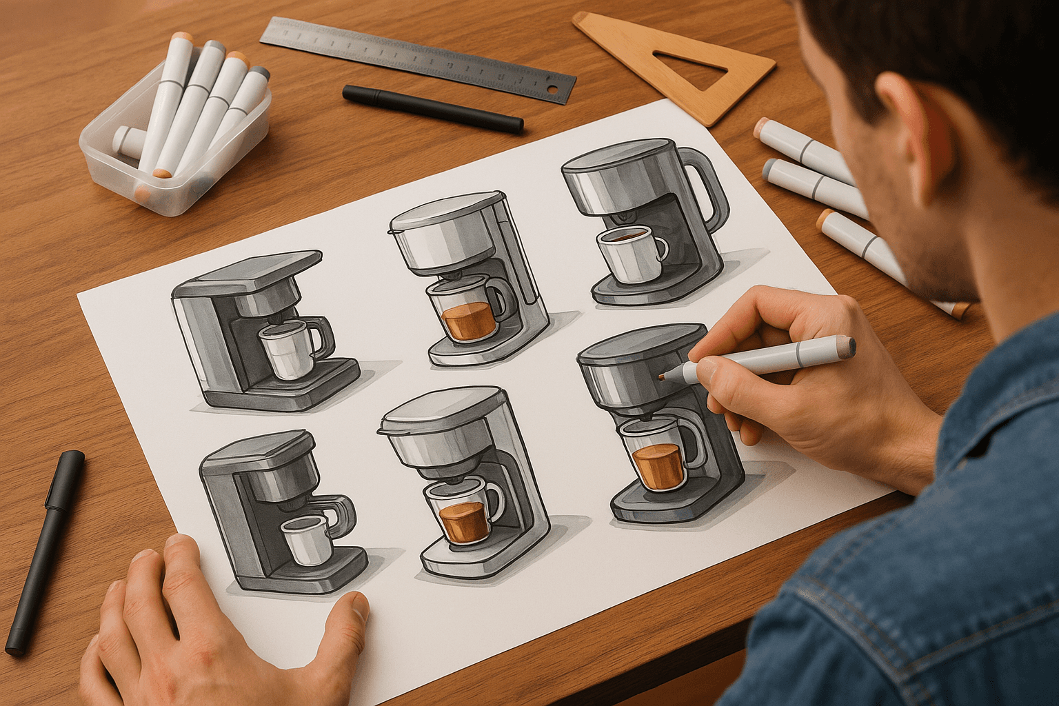 An image of a designer sketching concepts of coffee makers with markers.