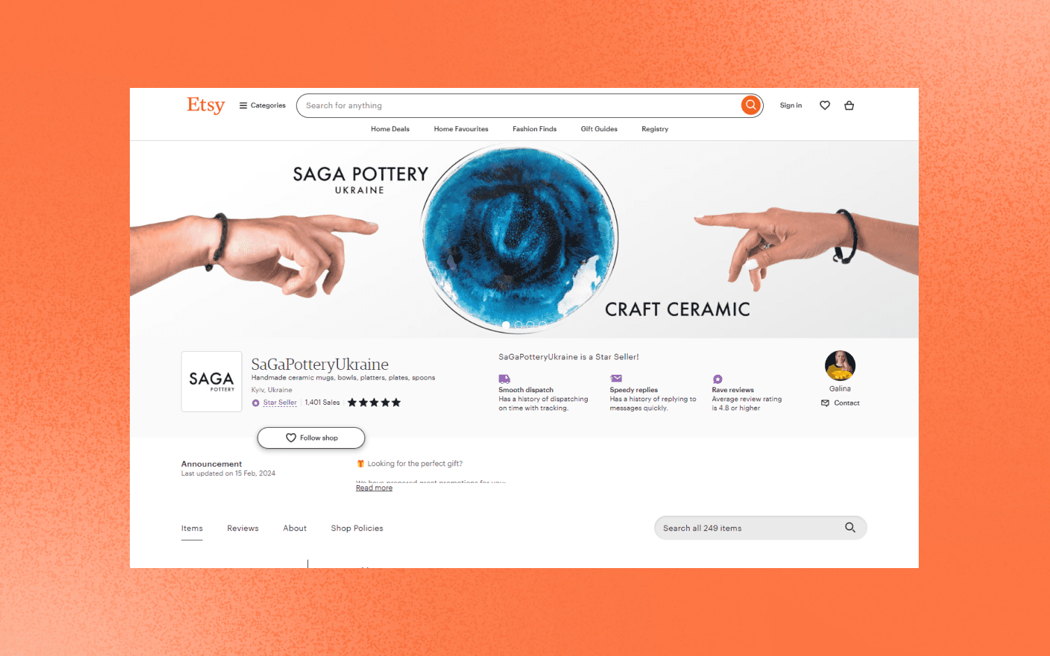ETSY Banner showing SAGA Pottery Ukraine