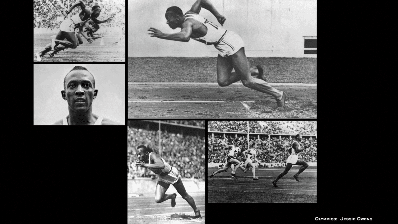 A sequence of vintage black and white photographs captures a sprinter in motion, showcasing dynamic sprinting poses on a track, an intense facial expression close-up, and a lively stadium atmosphere with spectators in the background, all highlighting the essence of athletic prowess and historical Olympic moments.