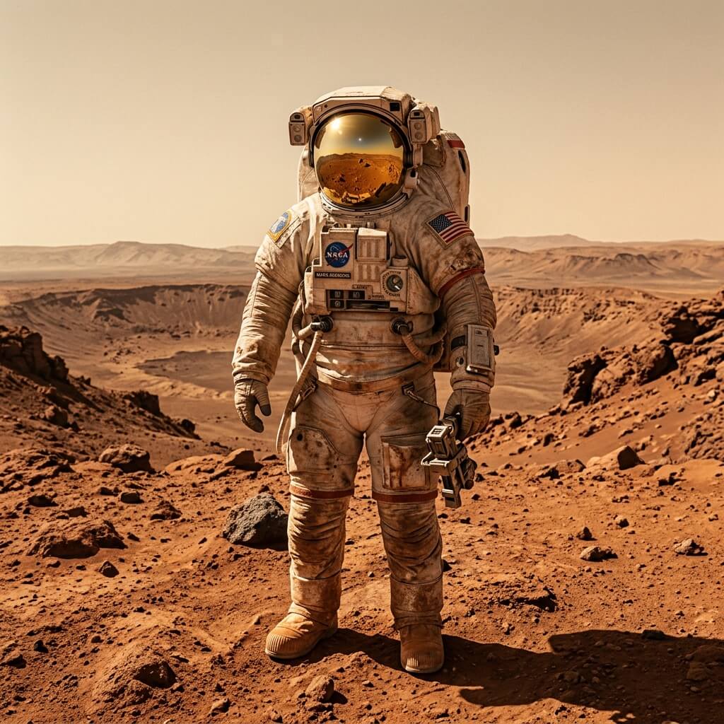 An astronaut standing on a rust-red Martian landscape, reflection of the horizon in the gold visor, realistic dust accumulation on the space suit, harsh sunlight.