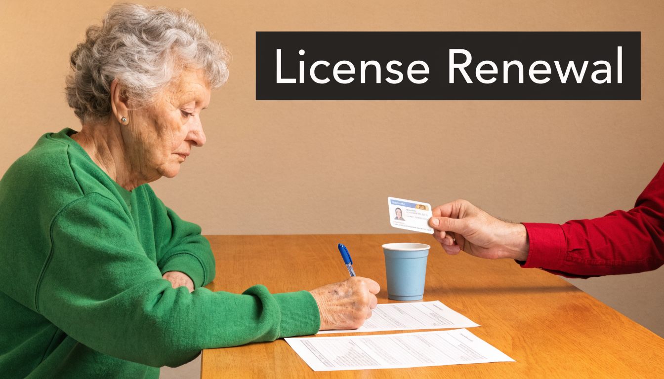 An elderly woman signs paperwork while someone holds an ID card for her license renewal process.