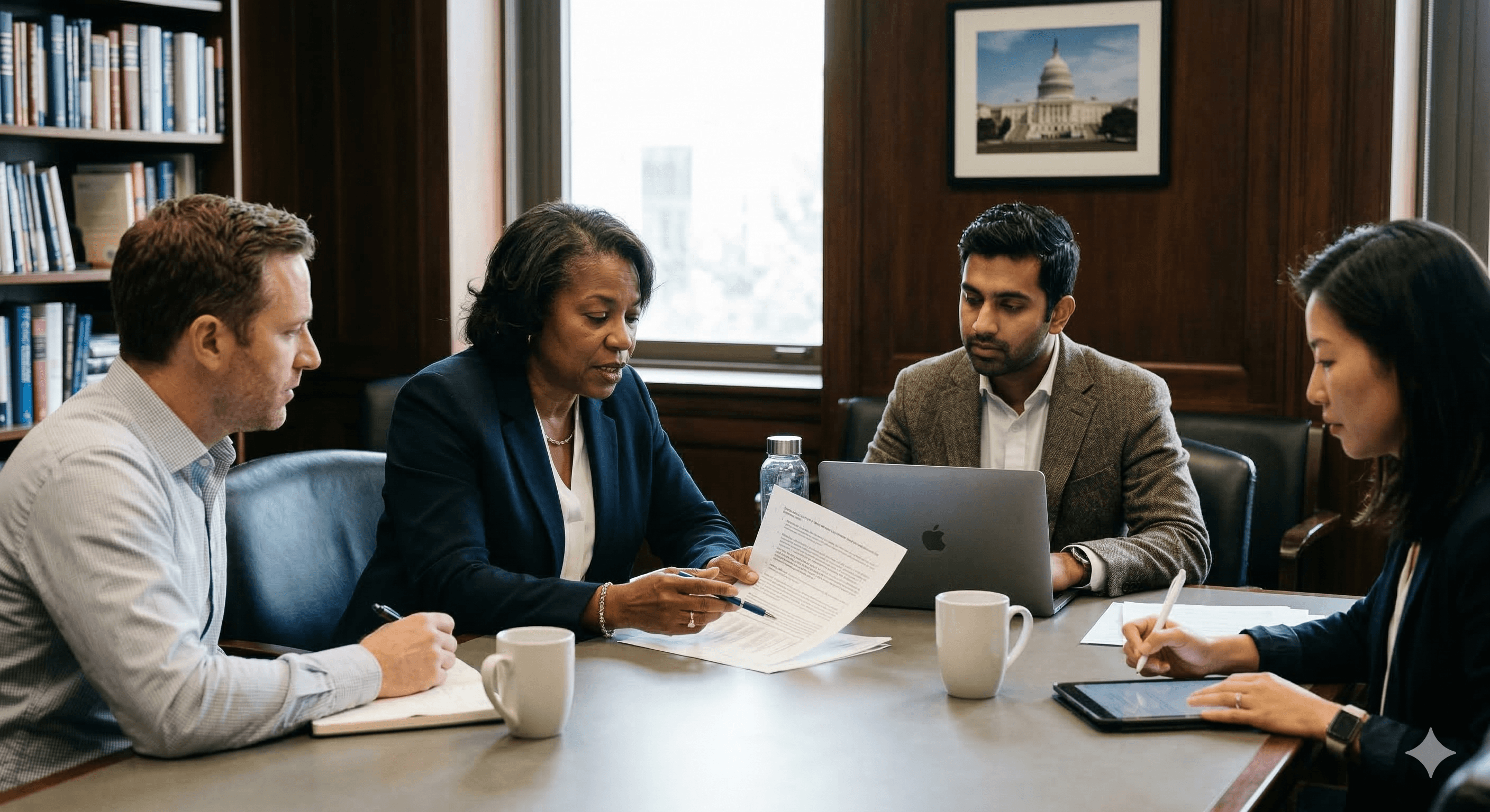 A group of four professionals, seated around a table in a conference room with documents, laptops, and coffee mugs, engage in a discussion about the applications and regulations of AI tools such as ChatGPT, Gemini, and Copilot, with a governmental building visible in the framed picture on the wall.