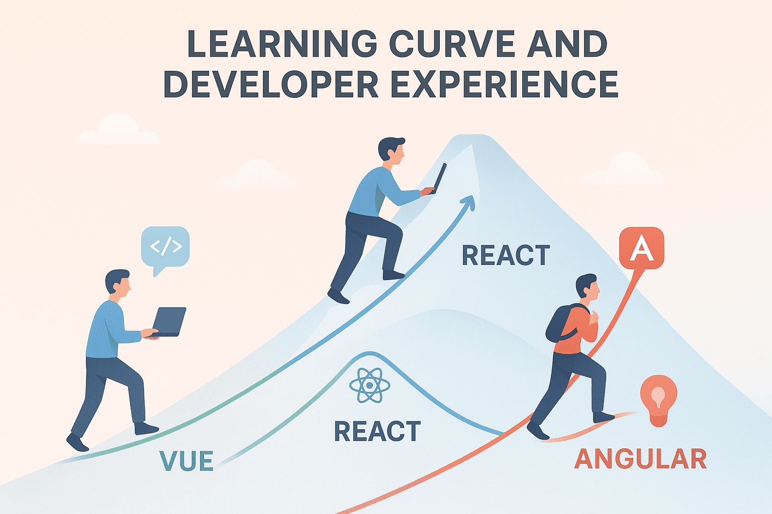 Stylized mountain landscape comparing the learning curves of Vue, React, and Angular